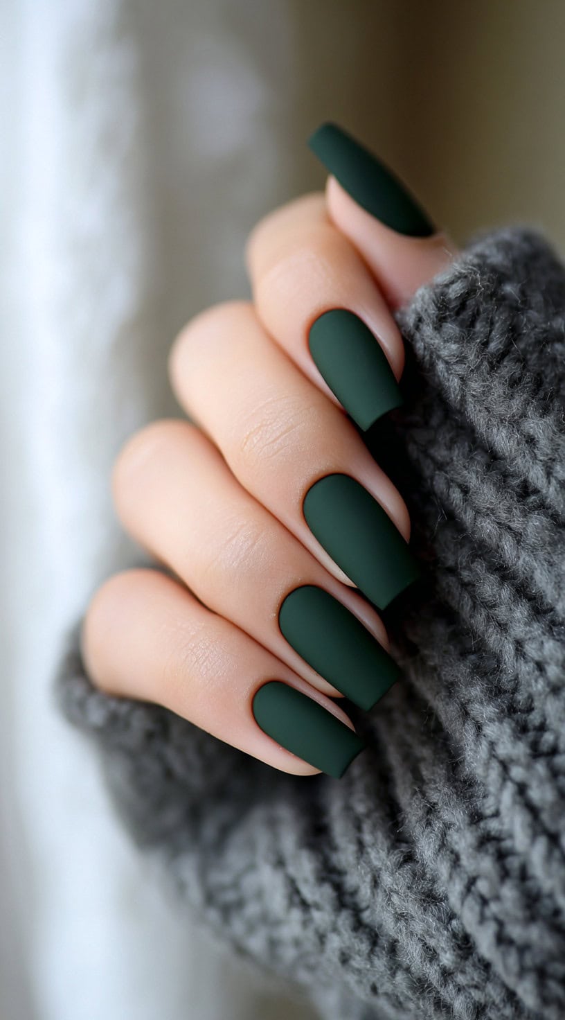 Long coffin-shaped nails painted in a matte deep forest green.