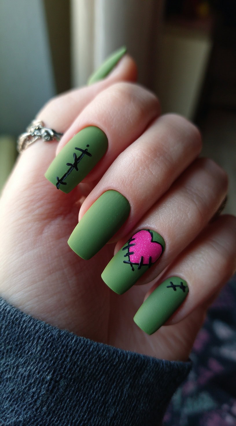 Matte square nails in green with black stitched details and a pink stitched heart accent.