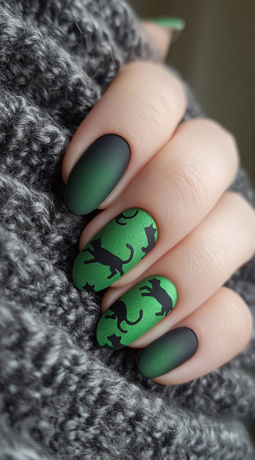 A hand with matte green ombré nails, three of which are decorated with repeating black cat silhouettes in various playful poses.