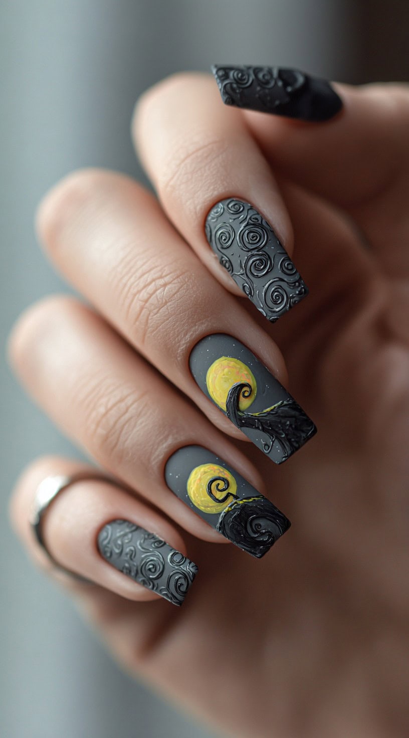 Square matte grey nails featuring the iconic spiral hill silhouette against a bright yellow moon, surrounded by textured swirl patterns.