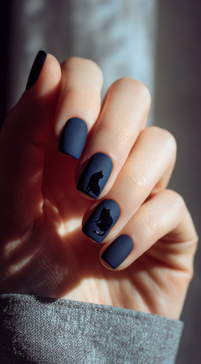 A hand with matte navy square nails featuring black silhouettes of sitting cats on the ring and middle fingers.