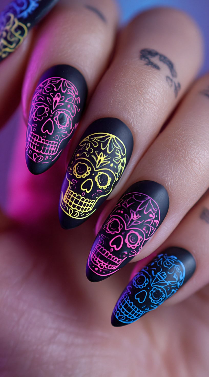 Matte black almond nails decorated with neon sugar skull outlines in pink, yellow, and blue.