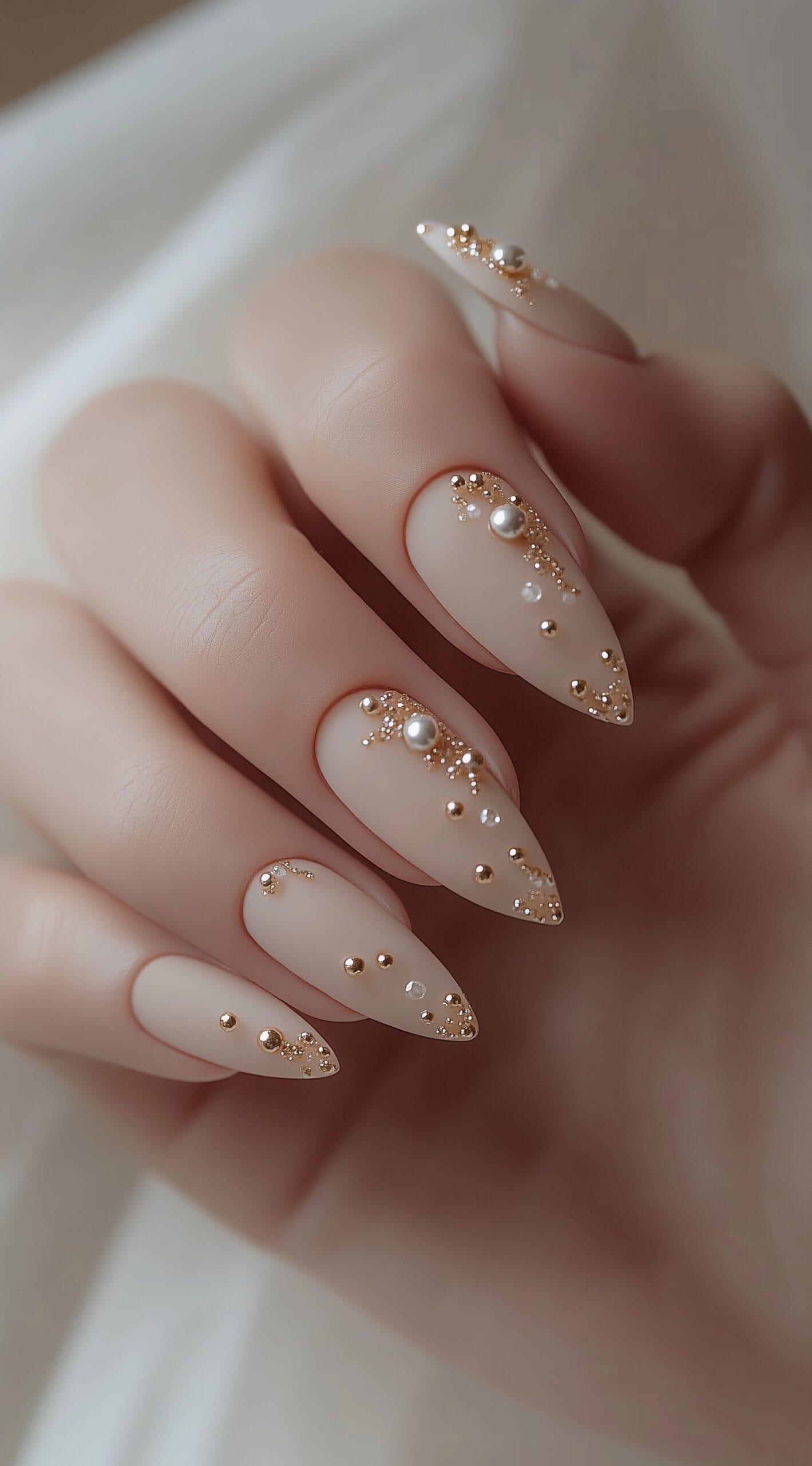 A close-up of stiletto-shaped nails in a soft nude matte finish, decorated with tiny gold beads and pearl accents.