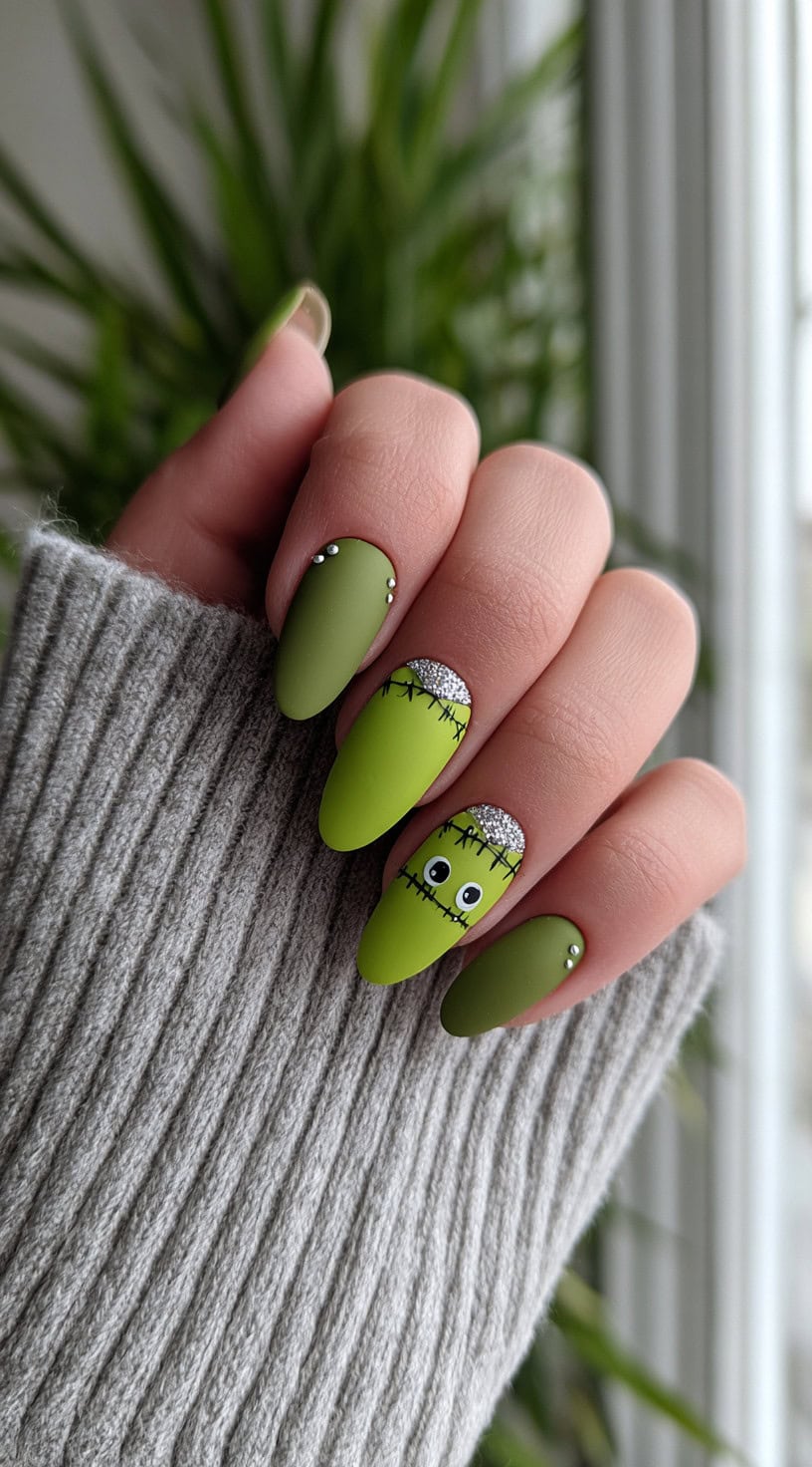 Matte almond-shaped nails in olive and lime green with glitter accents and a cartoon Frankenstein design.