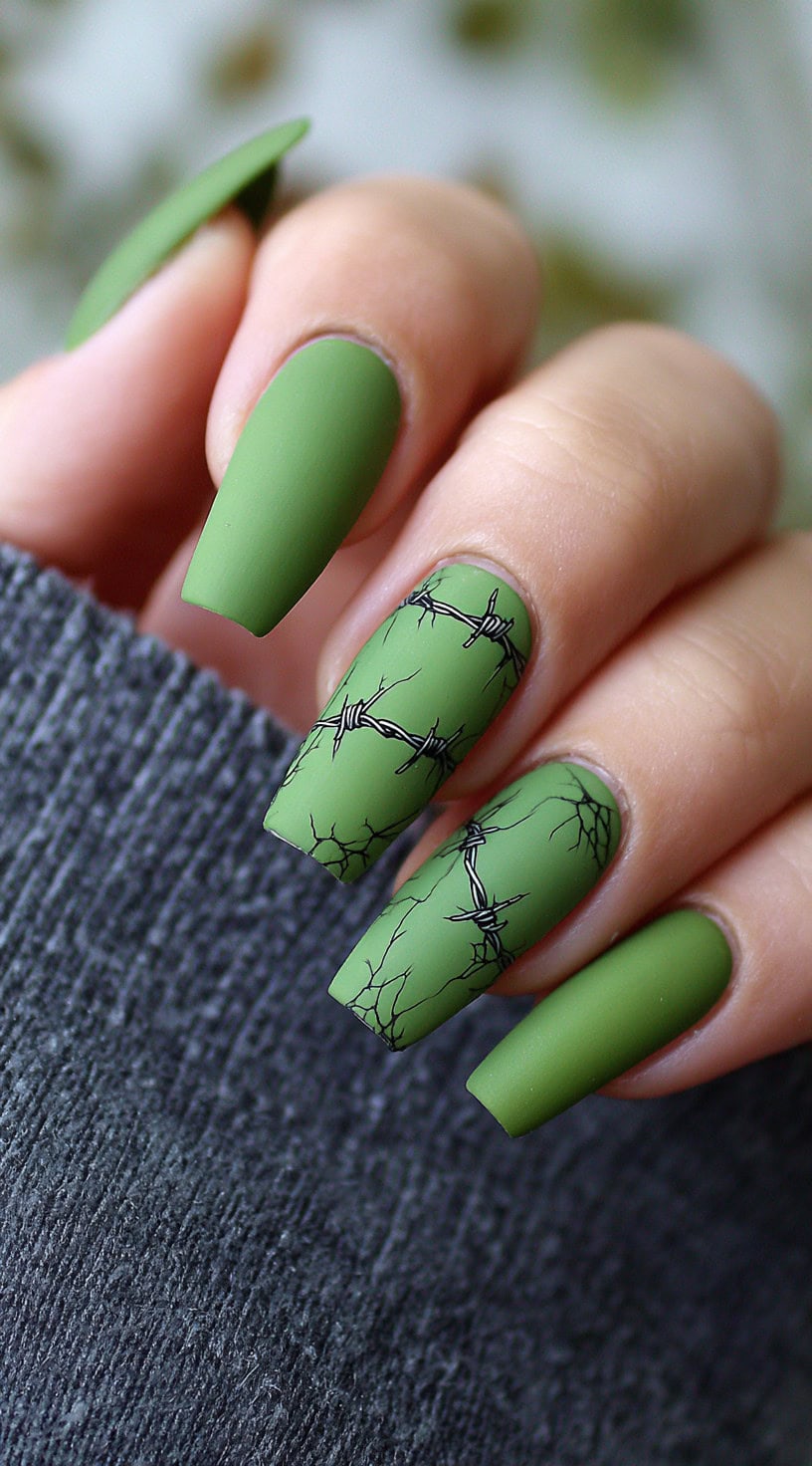 Long matte olive green nails with black barbed wire and crackle detailing on accent nails.