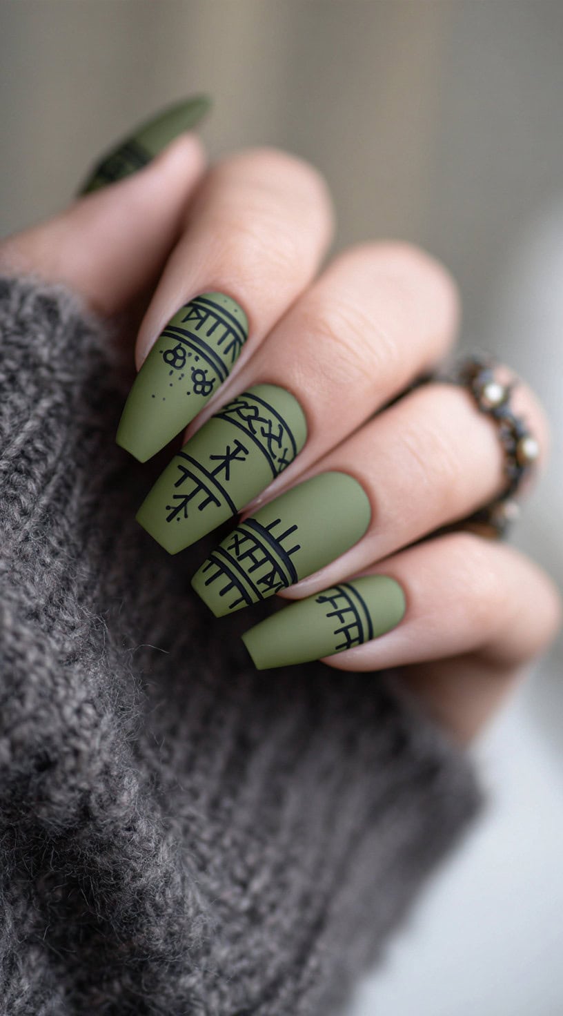 A hand with matte olive green square nails featuring black Nordic band and rune designs resembling Viking tattoos.