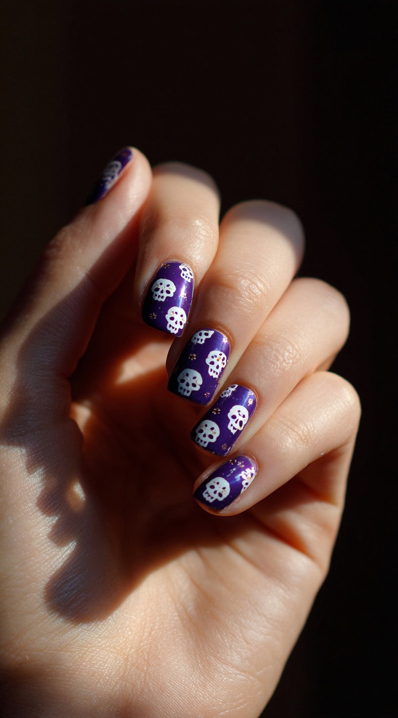 Short matte purple nails featuring repeated white sugar skull motifs and tiny accent dots.