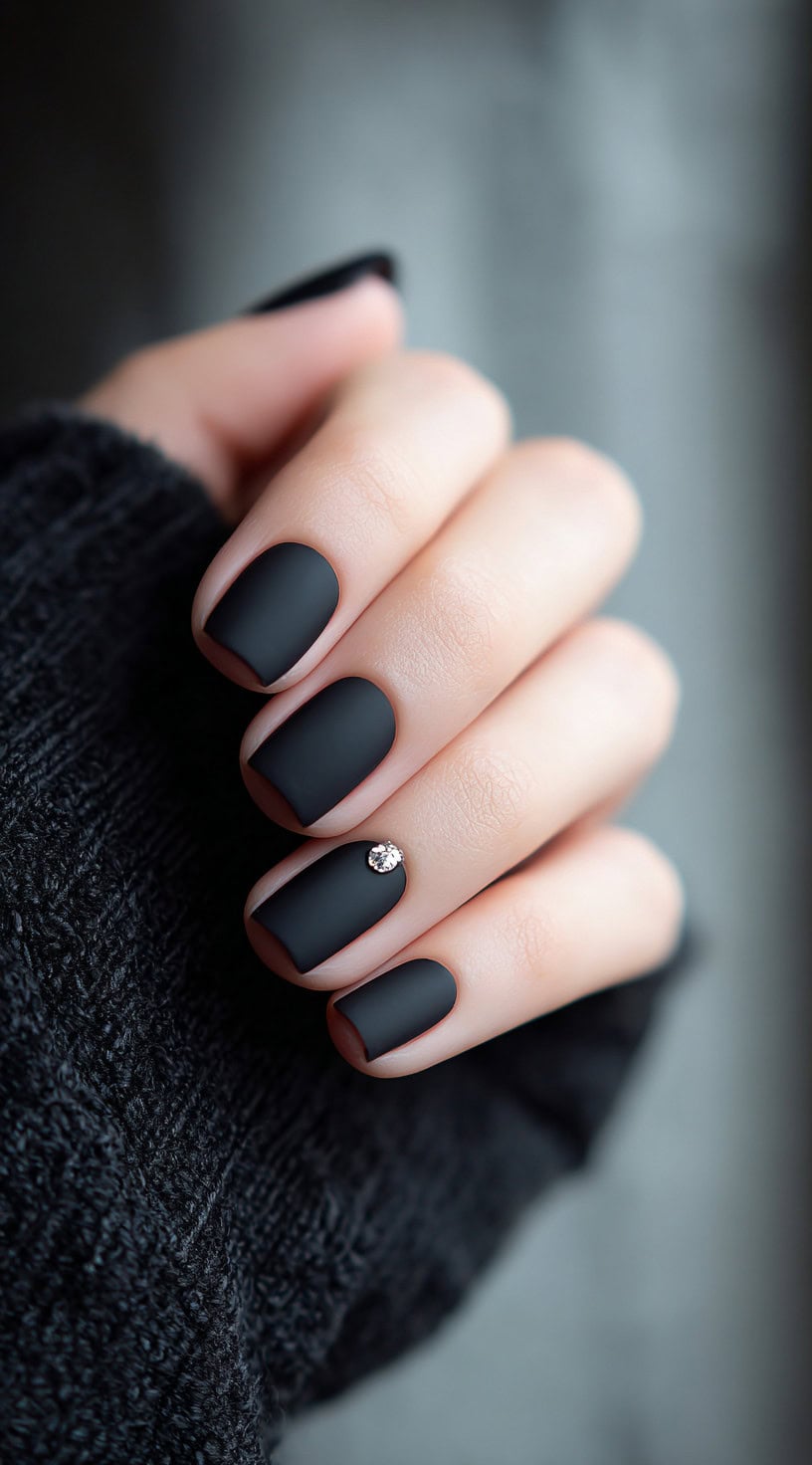 Matte black short square nails with a single small rhinestone on the ring finger.