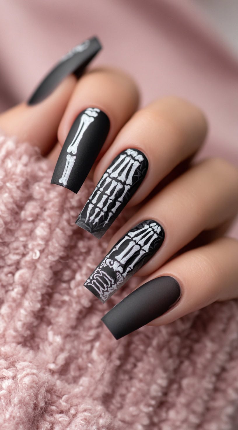 Matte black coffin nails with crisp white prints of bones and skeletal hands across multiple nails, forming a full hand illusion.