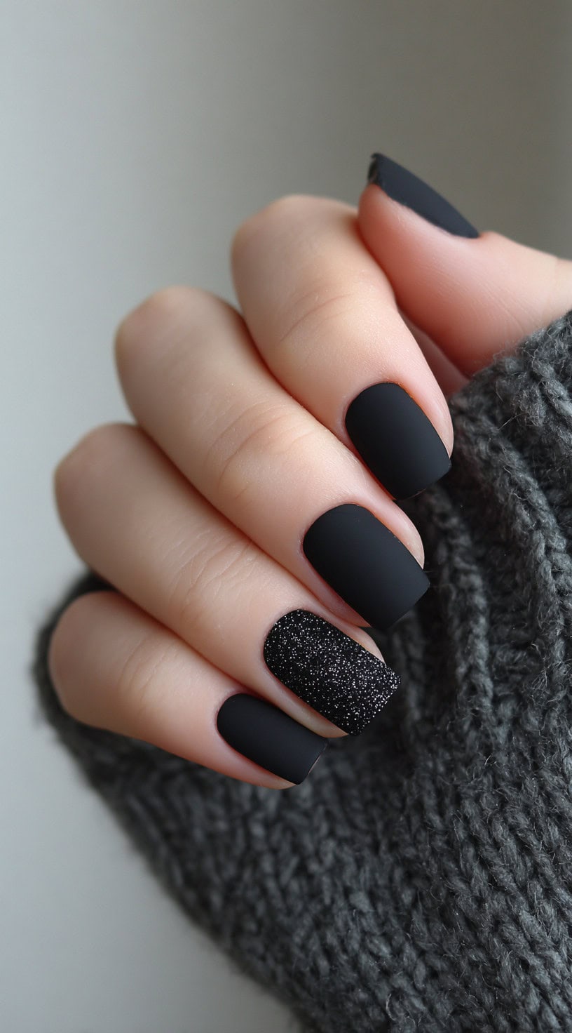 A hand with square matte black nails, featuring one accent nail with fine black glitter.