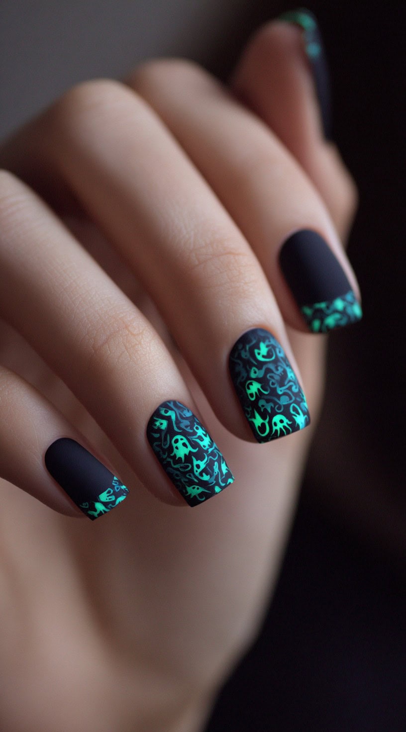 A hand with square-shaped matte black nails featuring neon green glow-in-the-dark ghost outlines along the tips and full coverage on accent nails.