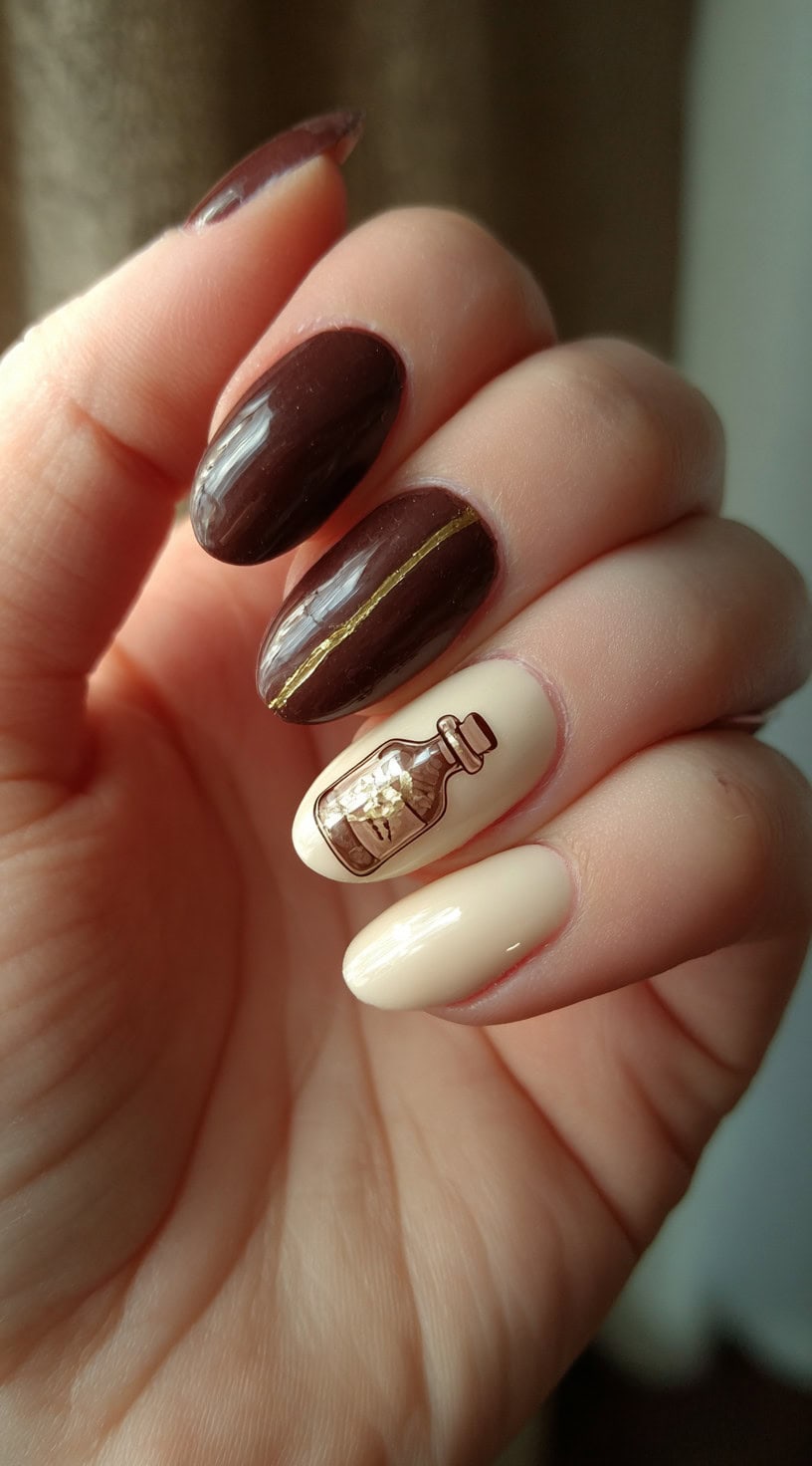 Almond-shaped nails alternate between deep chocolate brown and ivory, with one nail featuring a bottle containing a golden message scroll.