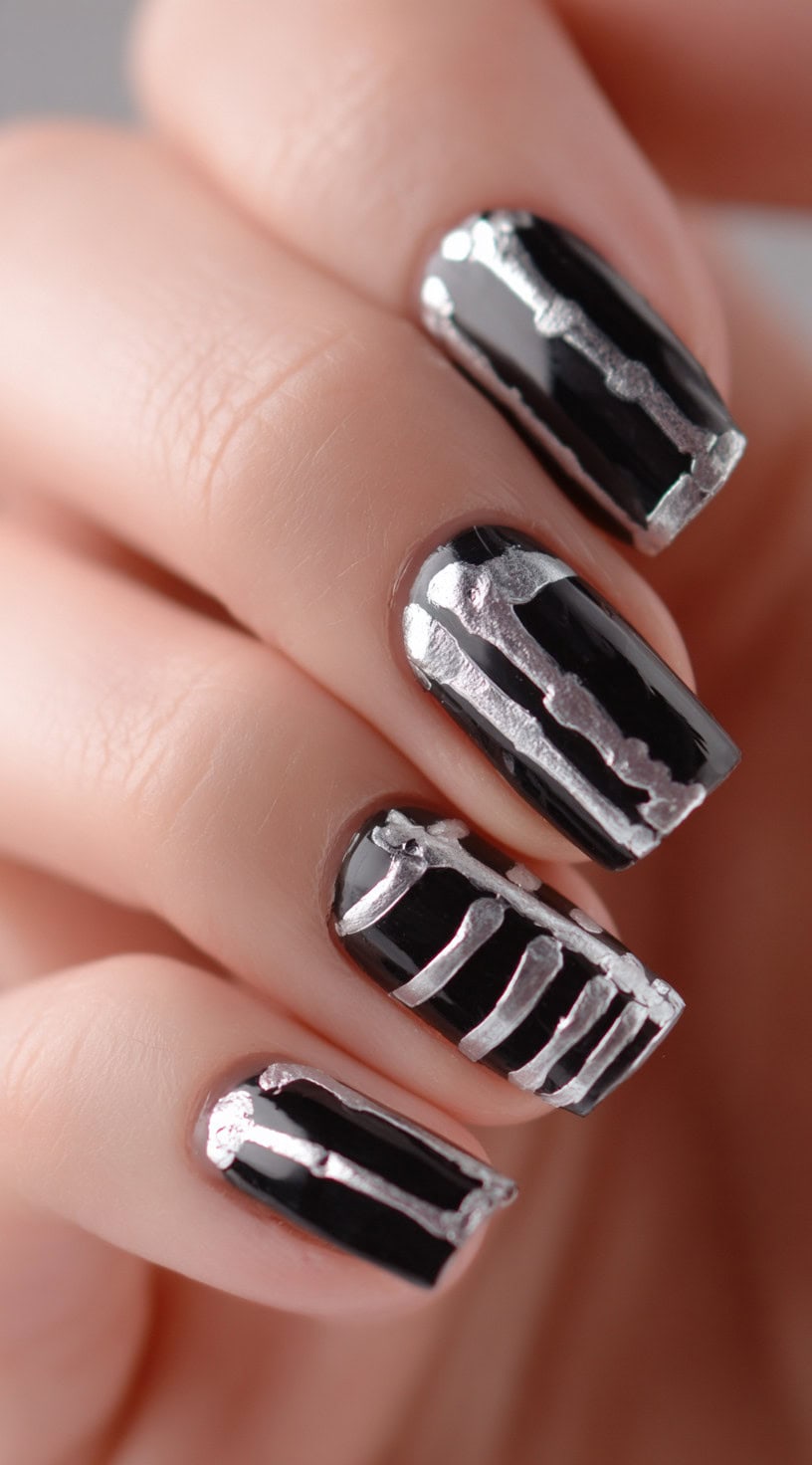 Four short square nails in glossy black with raised silver chrome bone and rib cage patterns.