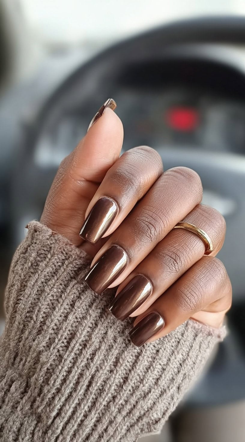 Long coffin-shaped nails with a rich chocolate brown chrome effect, reflecting light in a car interior.