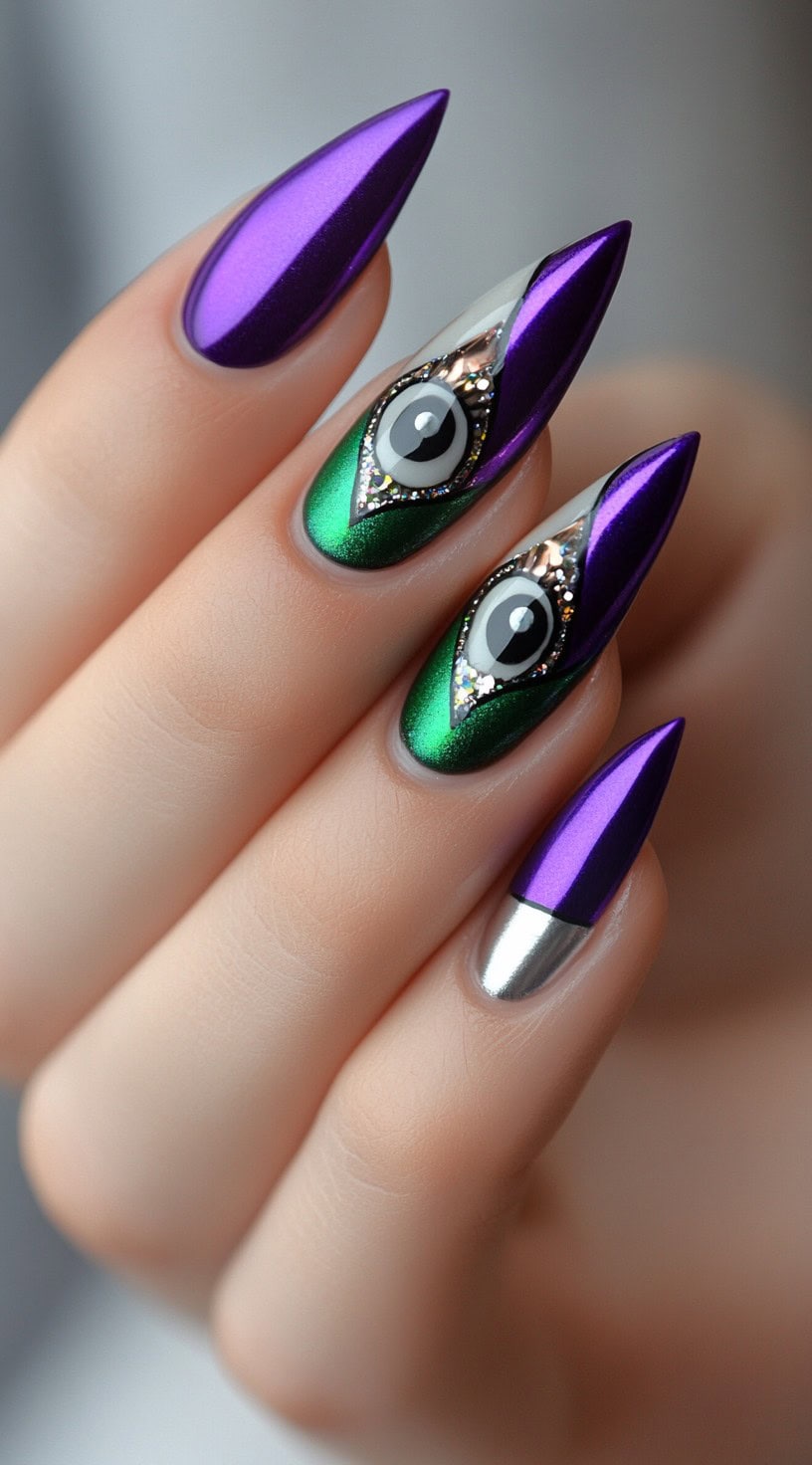 Sharp almond-shaped nails painted in reflective purple and green chrome, with two nails featuring a 3D eye gem surrounded by tiny rhinestones.