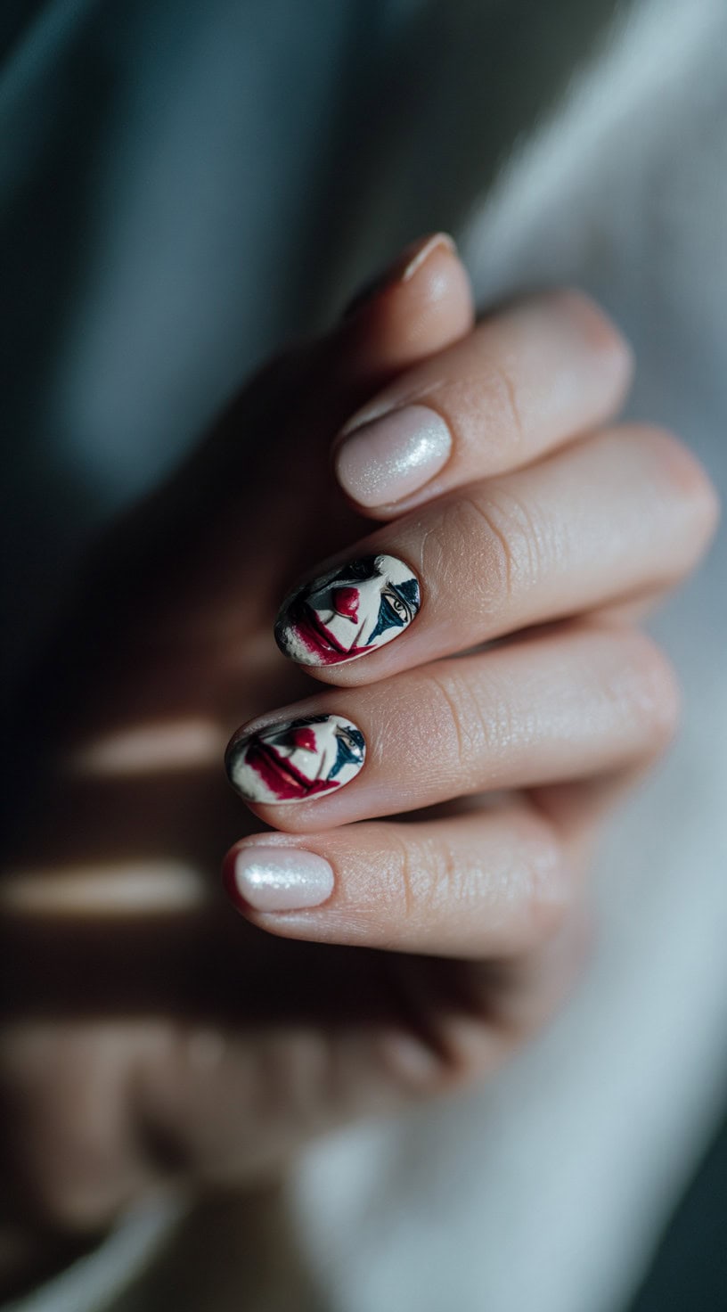Short nails with a shimmering white base and two detailed Joker faces painted in miniature on the middle and ring fingers.