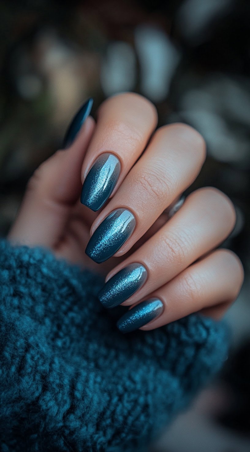 Shimmering midnight blue almond nails with a metallic chrome finish, reflecting light for a striking effect.