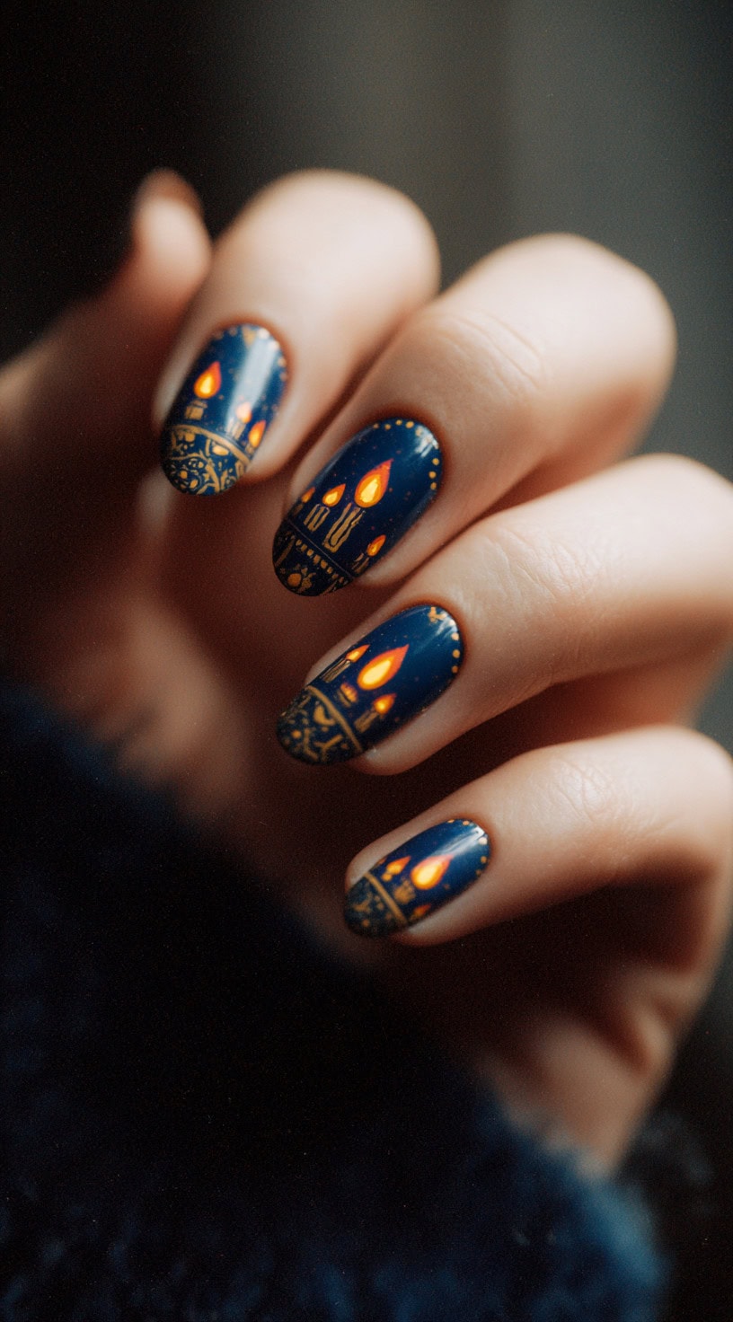 Short oval midnight-blue nails with gold altar-inspired borders and glowing candle illustrations on each nail.