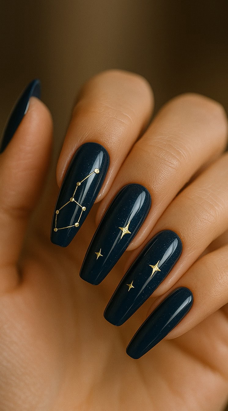 Hand with long, deep navy blue nails featuring gold constellation and star designs.