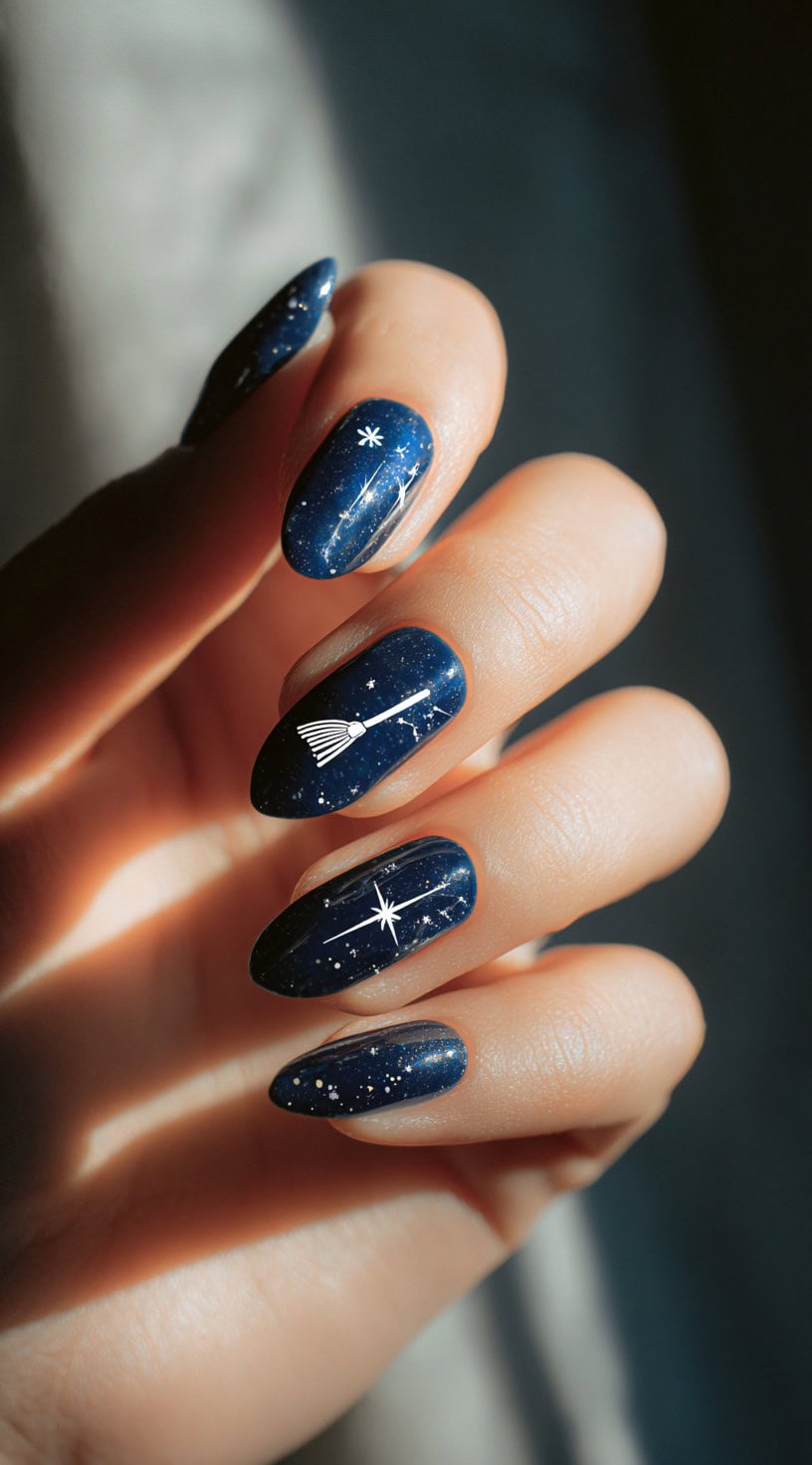 Glossy navy blue nails with white stars, sparkles, and a flying witch broom silhouette.