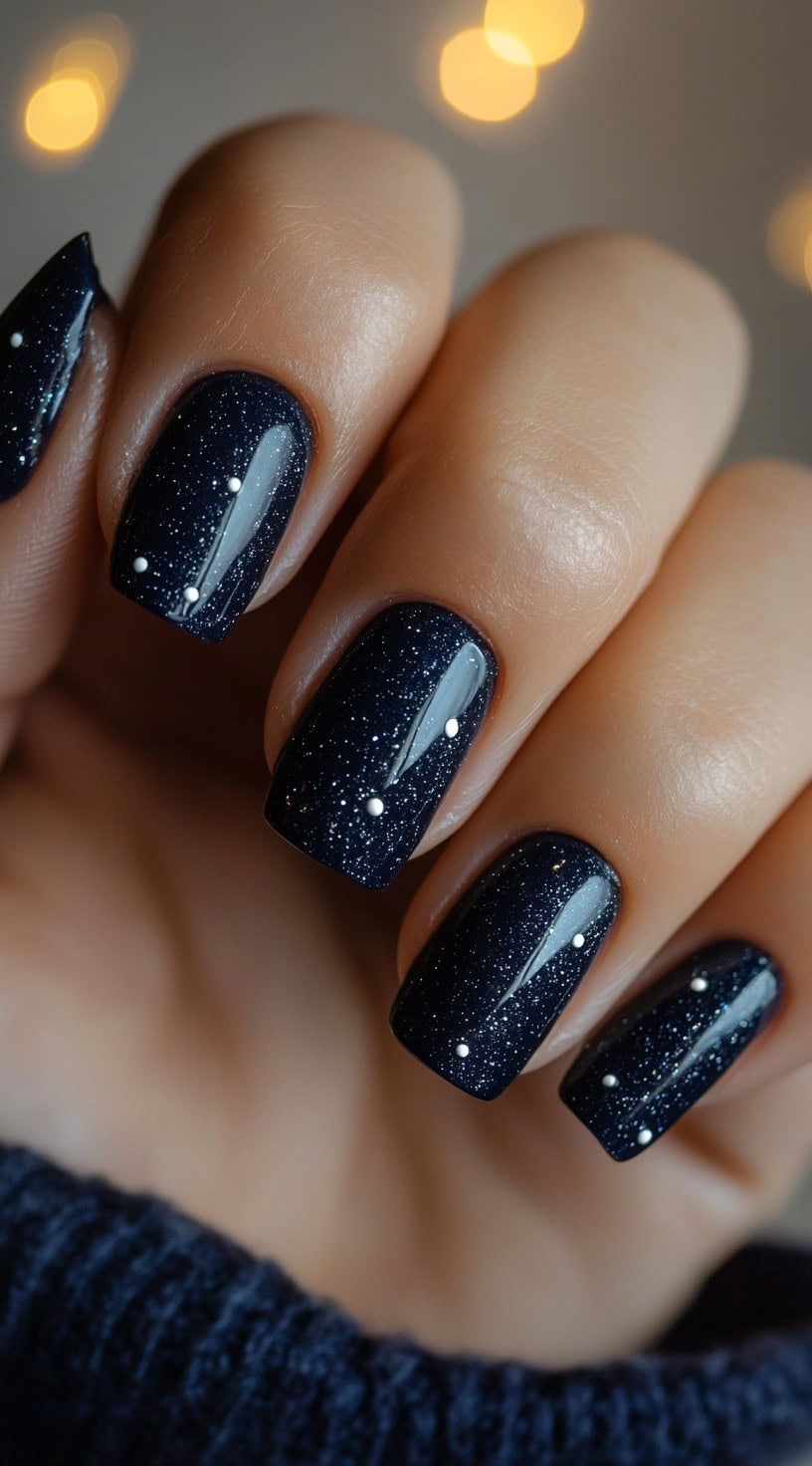 A hand with square-shaped, deep navy blue nails featuring a starry glitter design with tiny white dots resembling constellations.