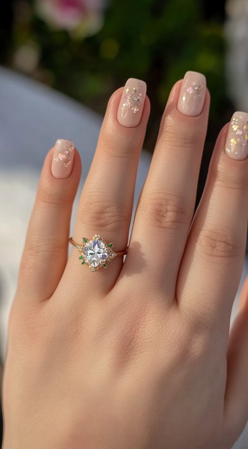 Five short, rounded nails painted in milky pink and topped with scattered iridescent floral flakes.