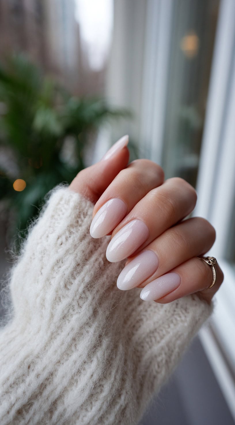 Short round nails with a milky white ombre effect and soft glitter over a sheer base.