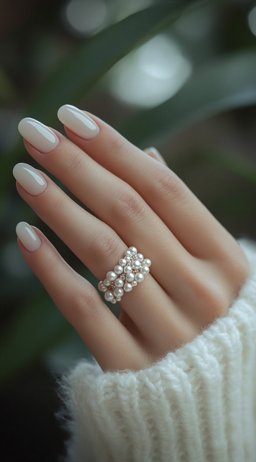 A close-up of a bride's hand with short almond-shaped nails coated in a soft milky white polish, creating a delicate and sophisticated wedding-ready look.