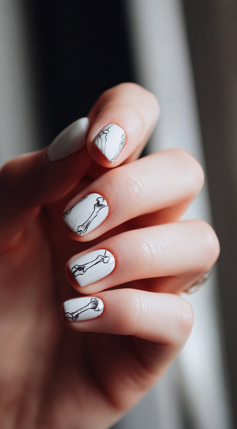 Short white nails featuring fine black outlines of different bones, one on each nail, creating a clean and minimalist skeletal design.