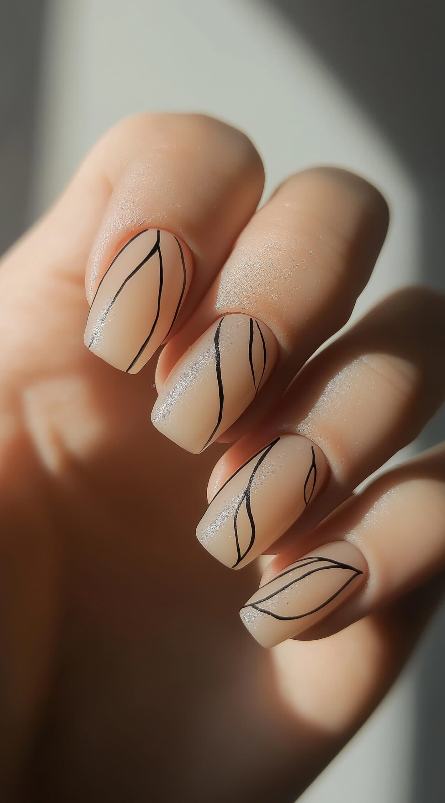 Square-shaped nails in a soft nude tone with thin black abstract lines flowing across each nail.