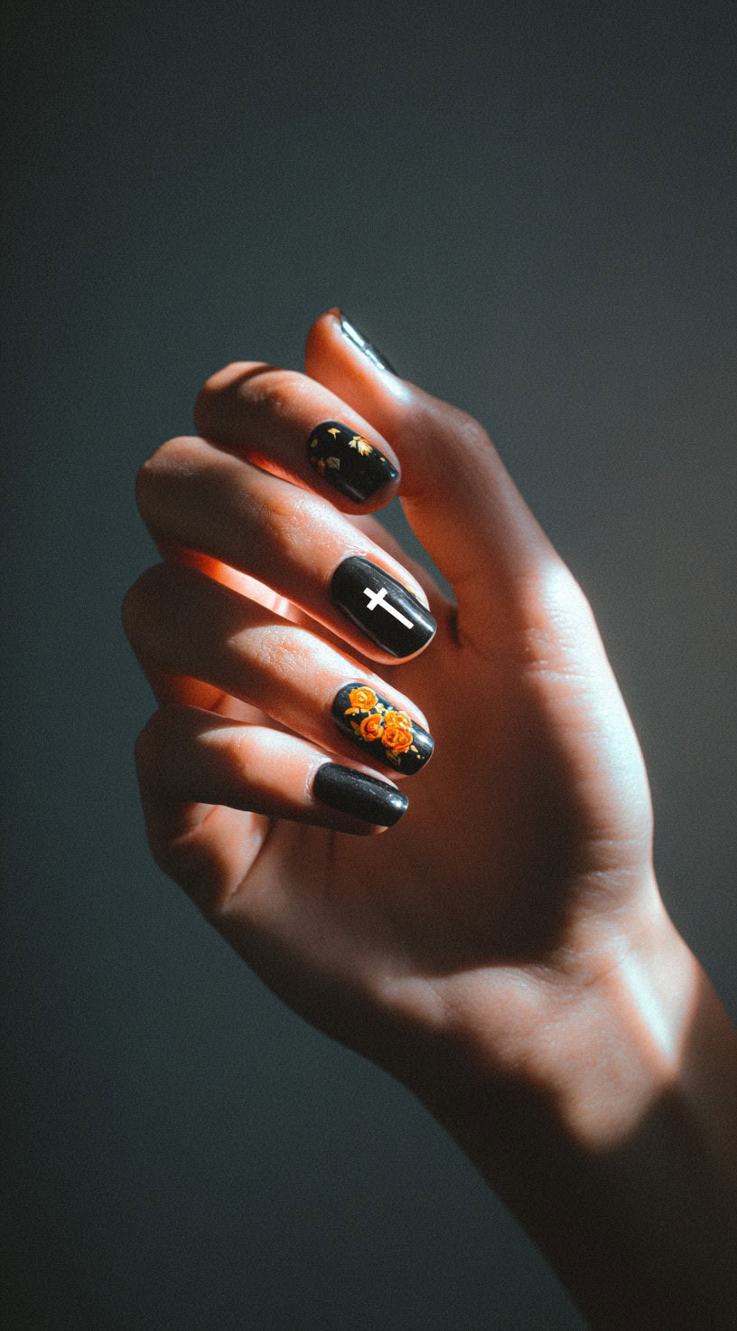 Short black nails featuring a single white cross, a yellow marigold cluster, and scattered golden stars.