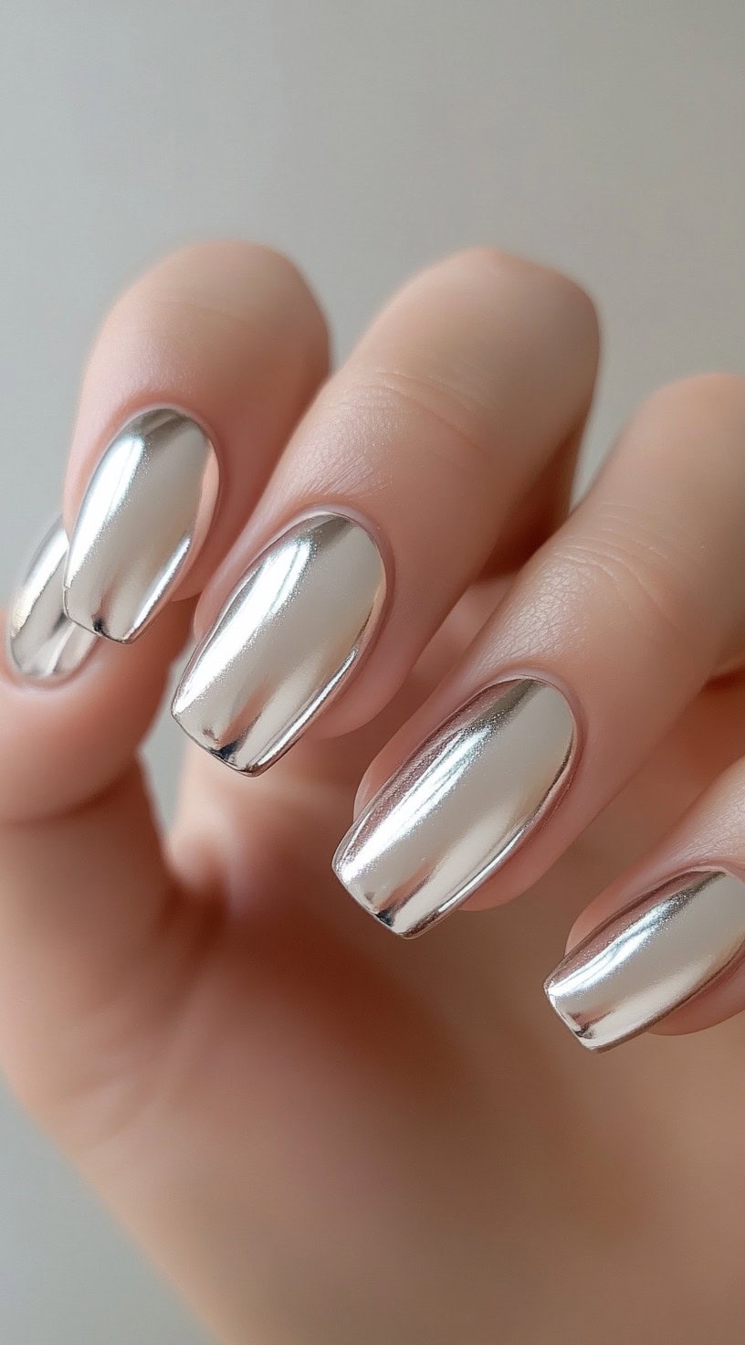 A close-up of medium-length, square-shaped nails with a sleek, reflective silver chrome finish.