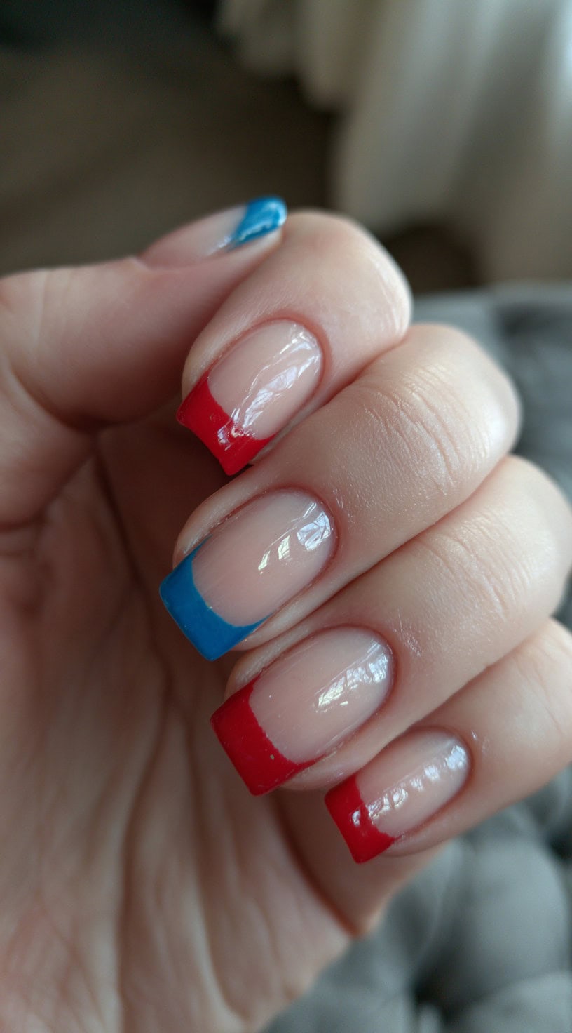 Short square nails with a clear base and alternating red and blue French tips for a clean, modern Harley Quinn look.