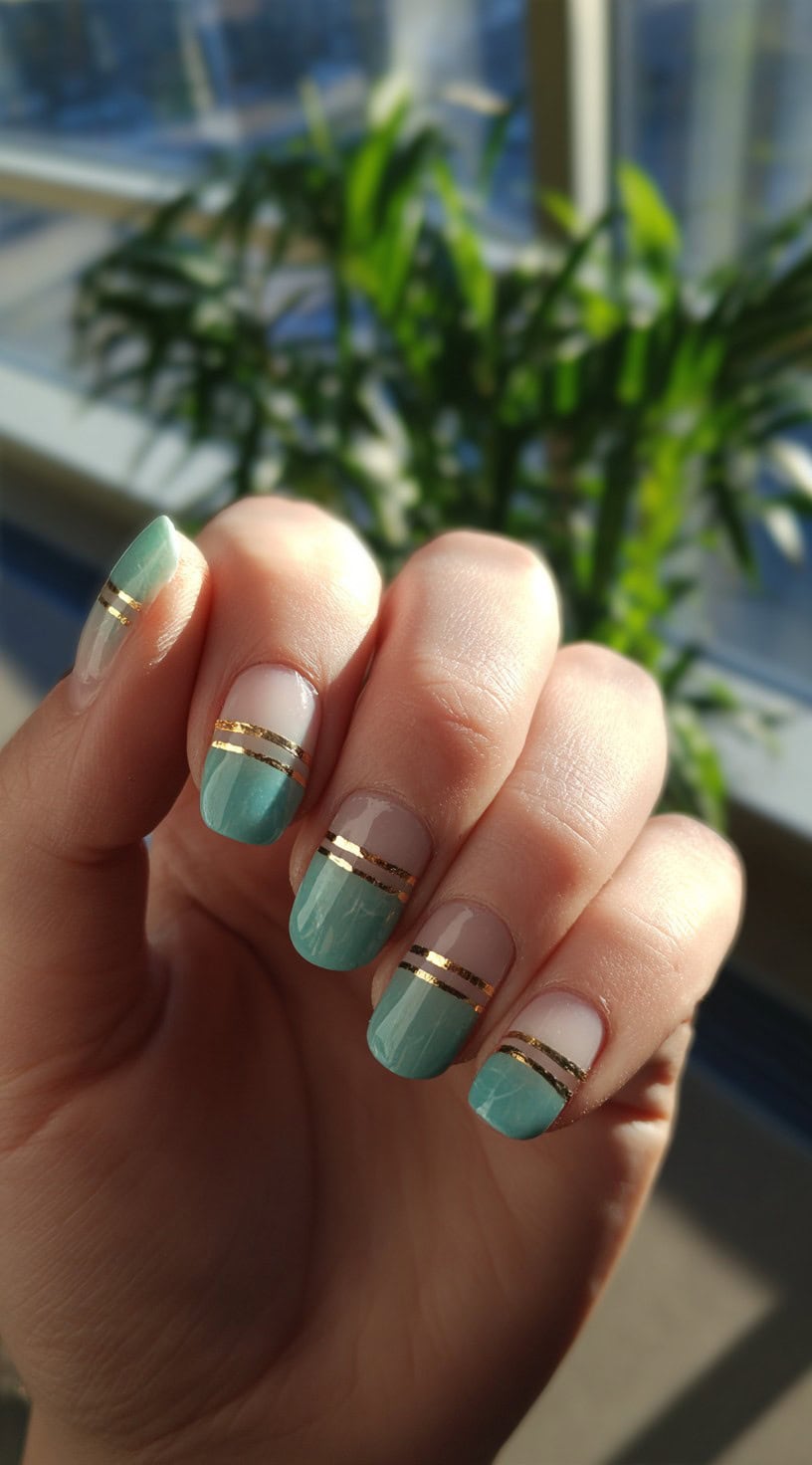 A hand with short rounded nails featuring half-jade, half-nude color blocks divided by twin metallic gold striping tape.