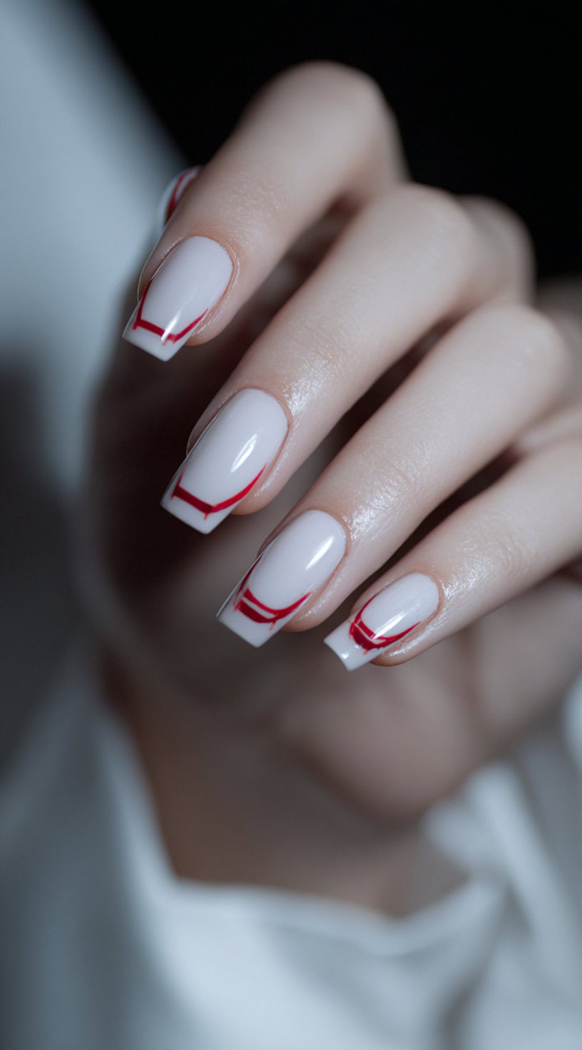Coffin-shaped white nails with red reverse French tips shaped like a smile curve across the tips.