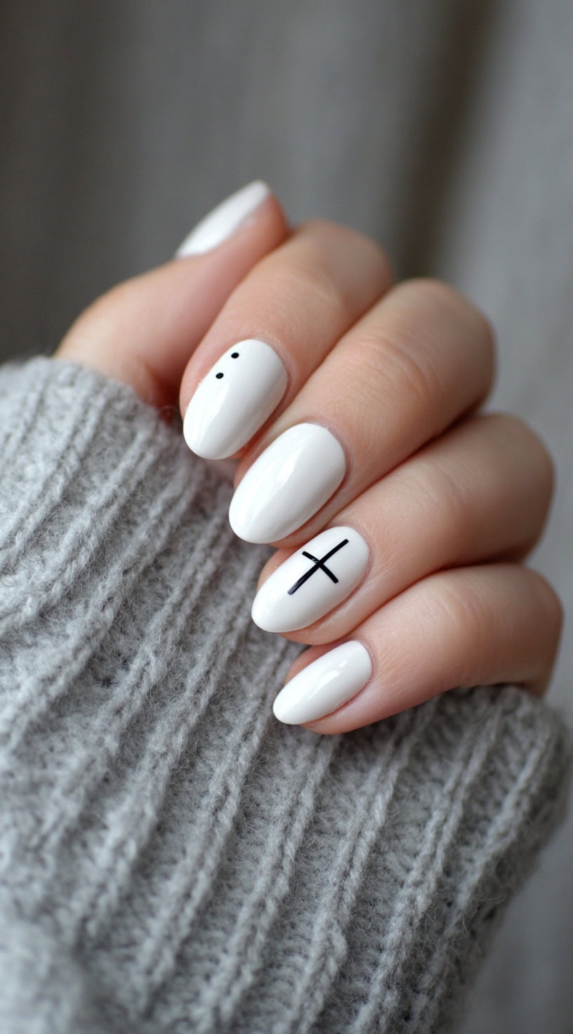 A hand with almond-shaped white nails, featuring small black dot eyes and a simple black cross on two of the fingers.