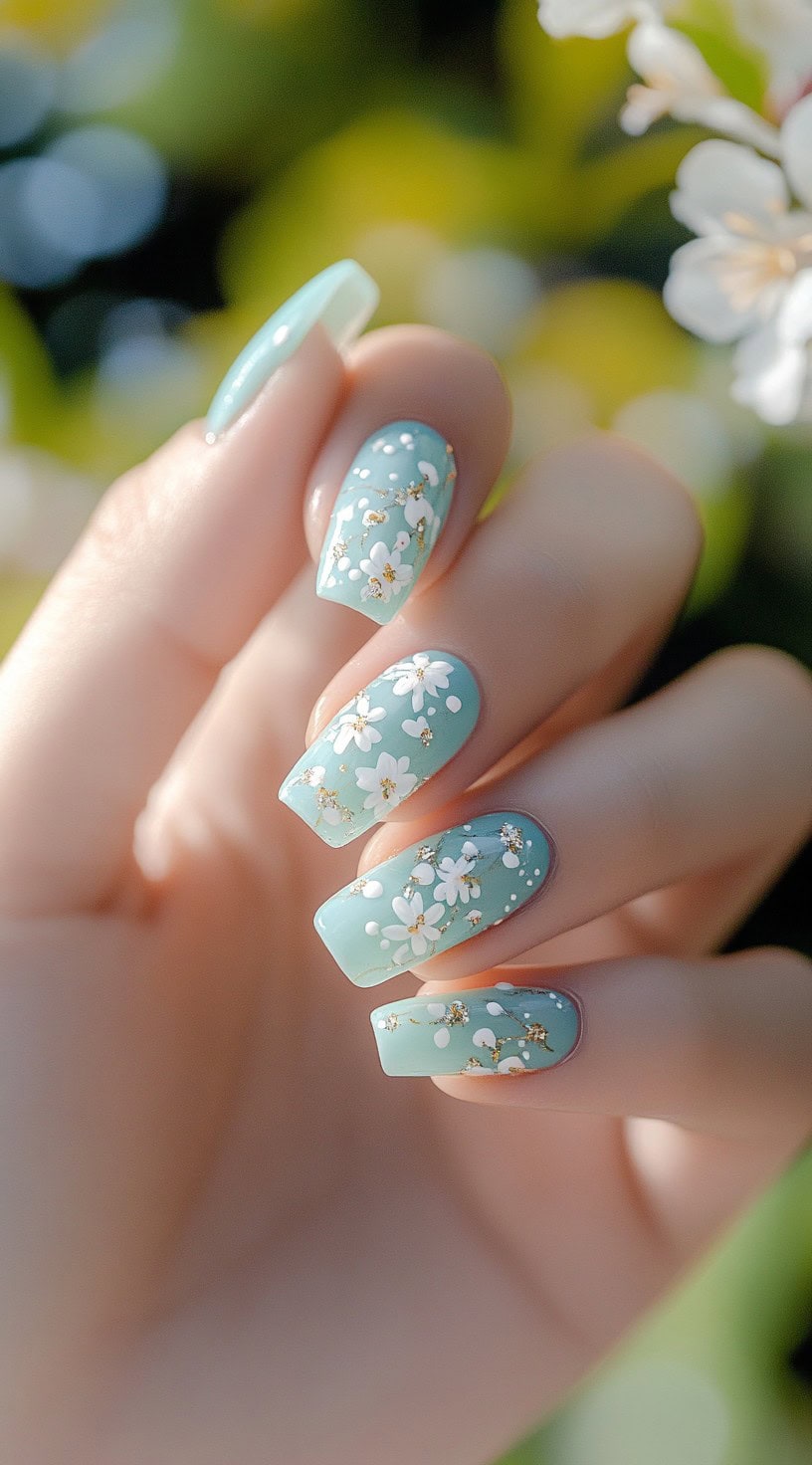 A hand with coffin-shaped nails painted in a pastel mint shade, featuring hand-painted white floral designs and gold accents.