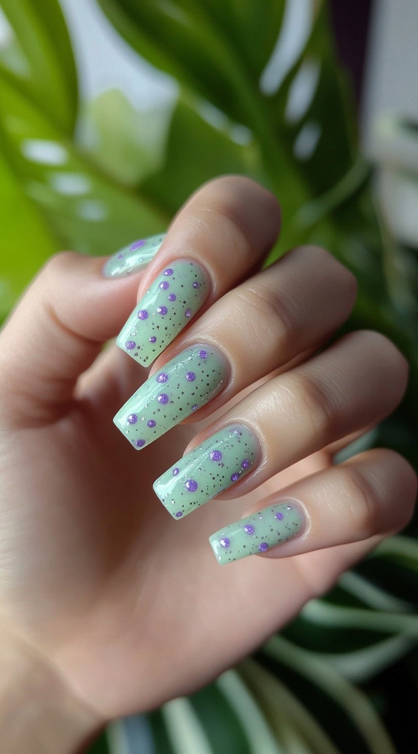 Hand with square-shaped nails painted mint green with tiny purple glitter polka dots and subtle black specks.