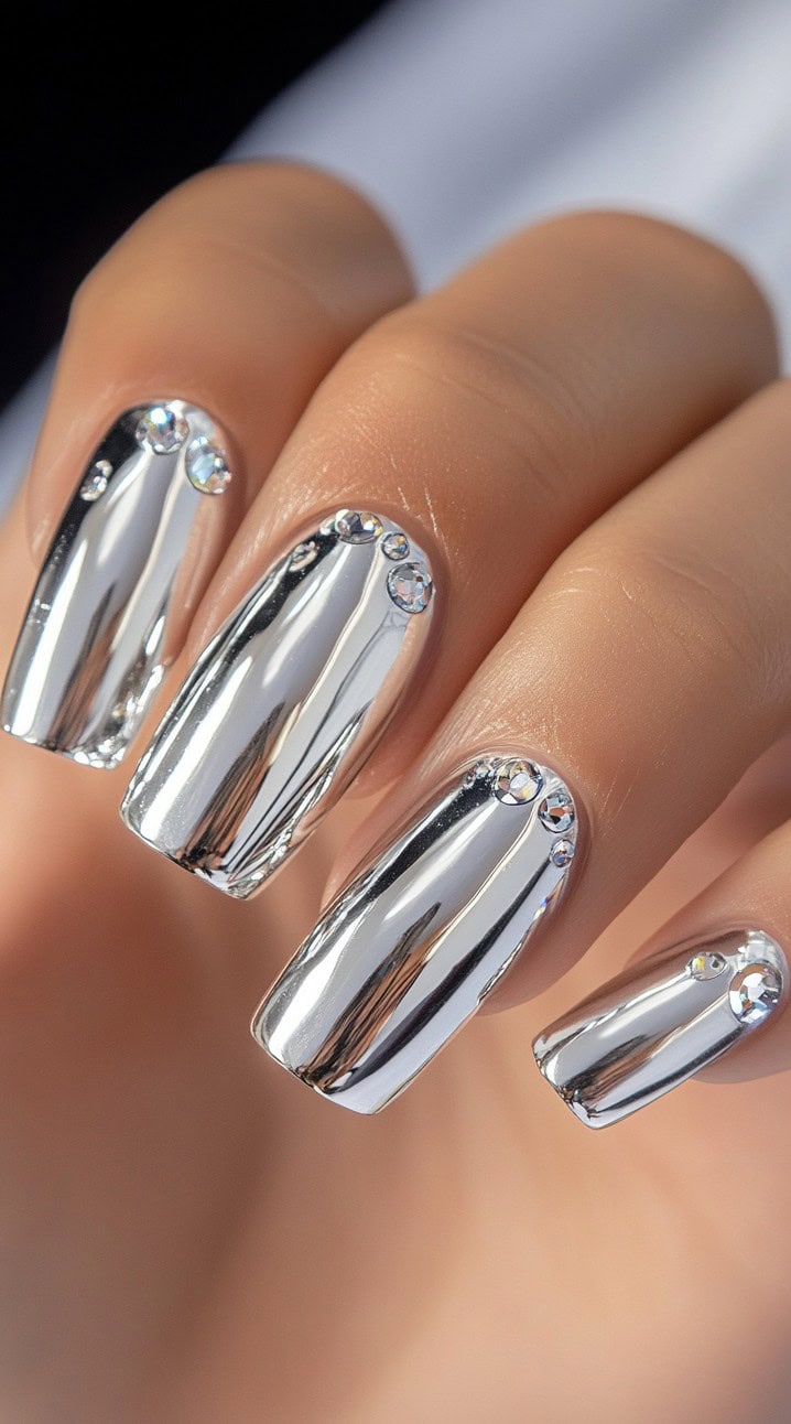 A hand with long square nails covered in high-shine silver chrome polish, embellished with small rhinestones near the cuticles.