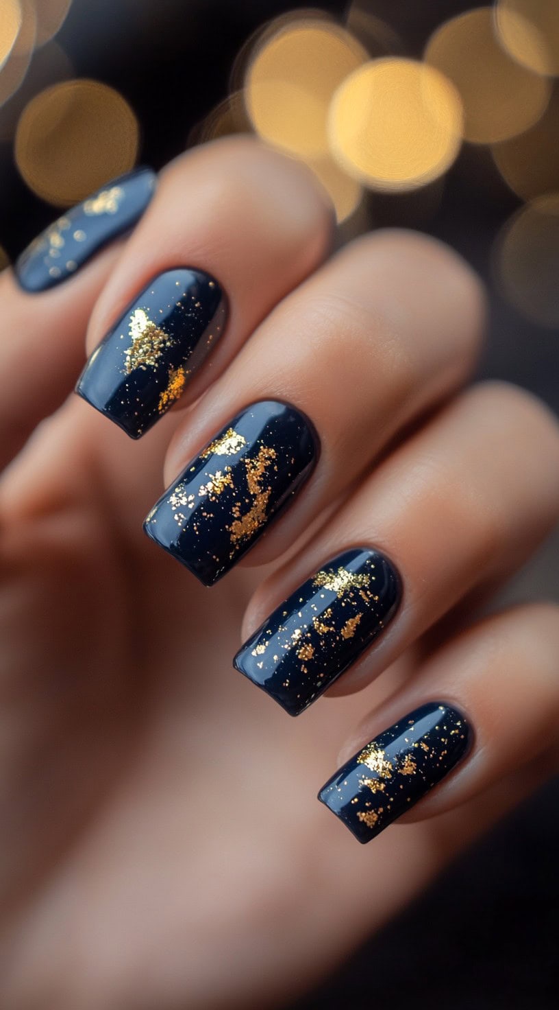 Glossy navy blue coffin nails with gold foil accents scattered across each nail for a luxe effect.