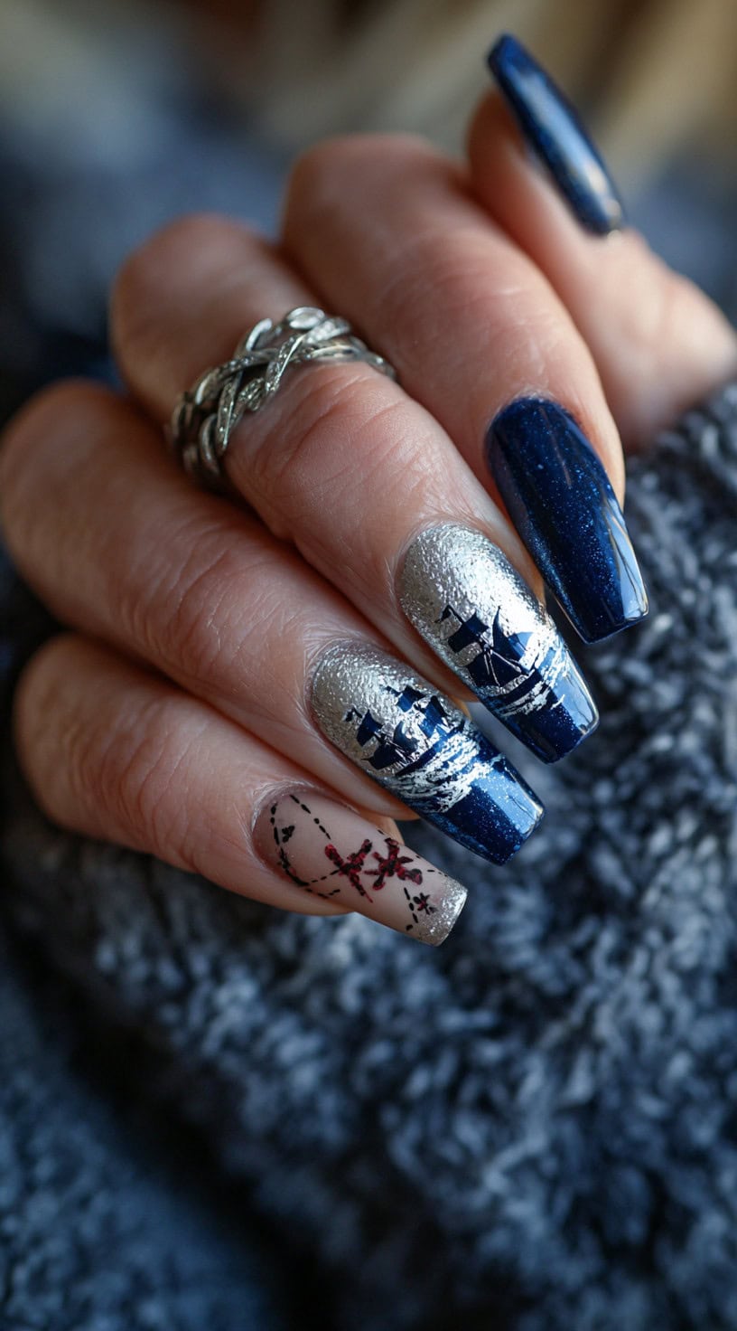 Square nails feature deep navy and silver gradients, two pirate ship silhouettes, and a treasure map accent with a red 'X'.
