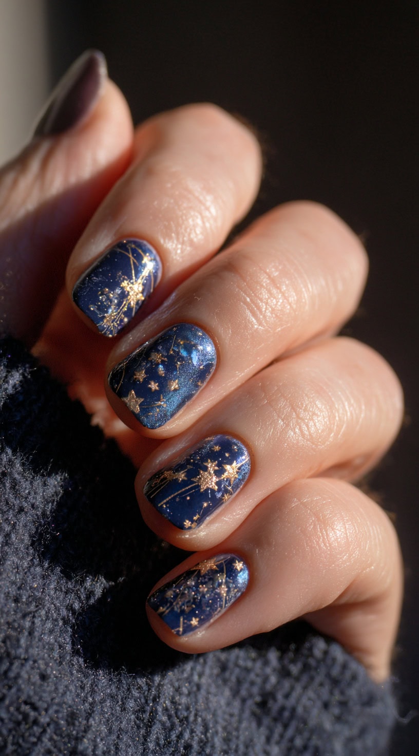 Short navy shimmer nails sprinkled with intricate gold foil constellations and comet trails.