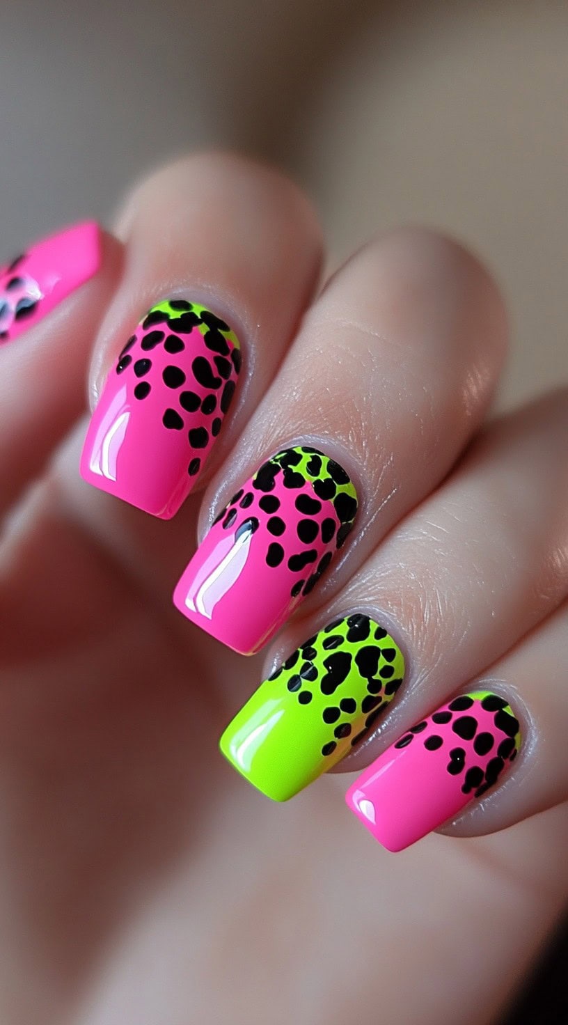 Neon pink and green square nails with black animal print accents.