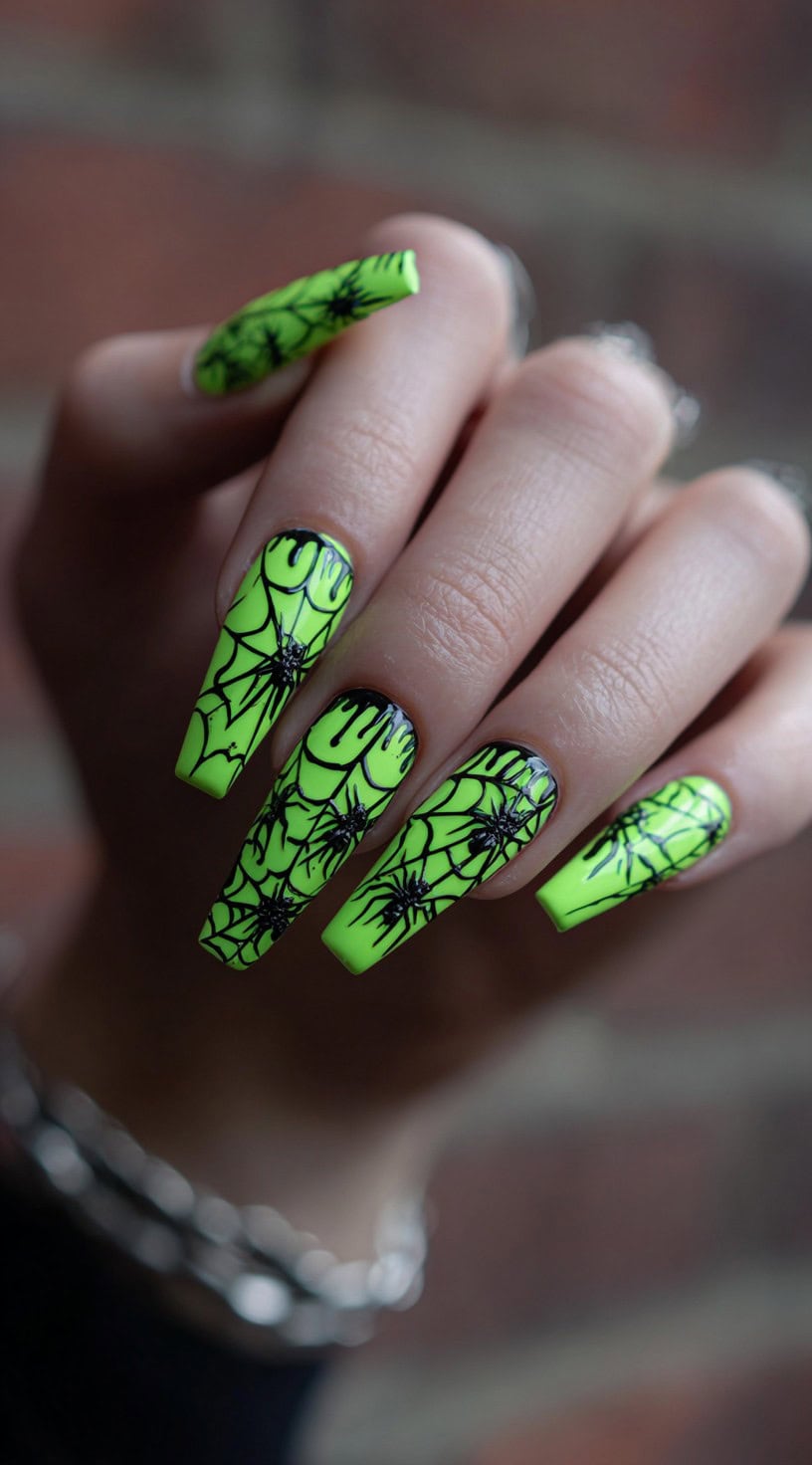 A hand with bright neon green coffin-shaped nails covered in black spider webs and dripping polish effects.