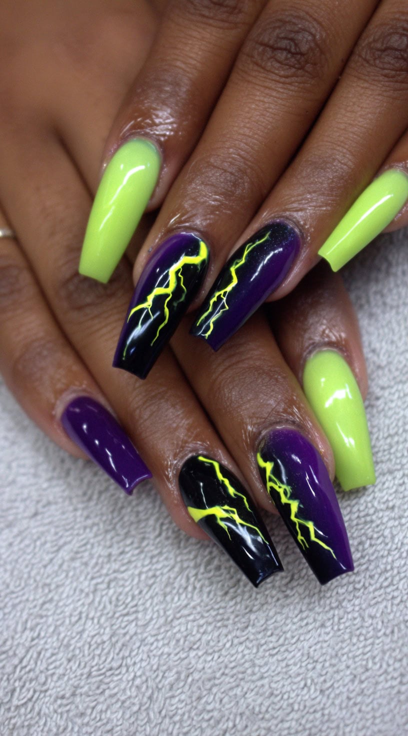 Long coffin nails in neon green, purple, and black with bright yellow lightning bolt designs.