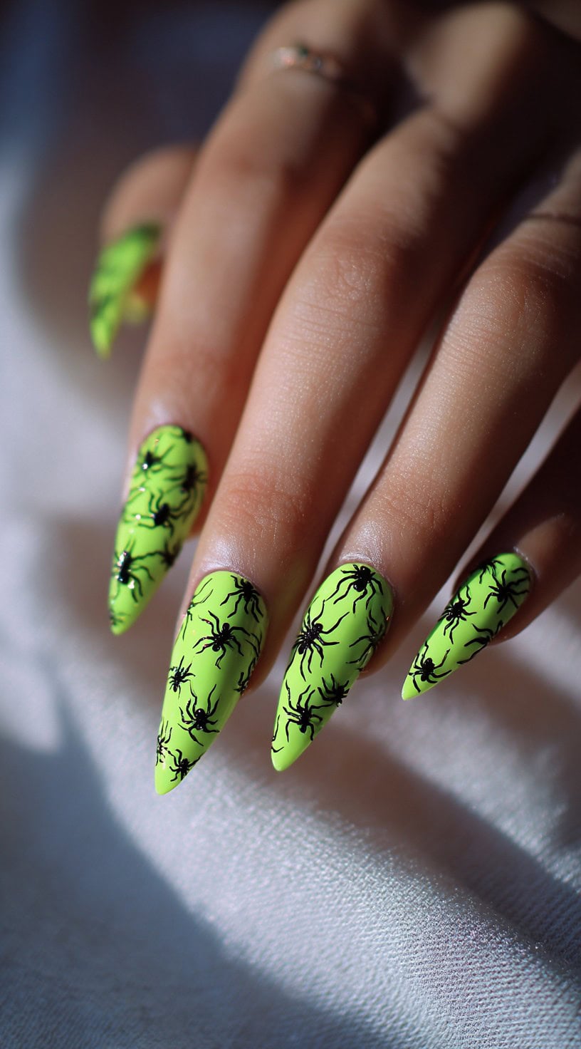 A hand with neon green matte nails fully covered in a repeating black spider print.