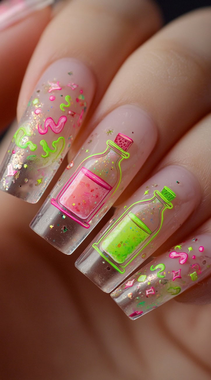 Clear jelly nails decorated with neon green and pink potion bottles and glowing swirl accents.