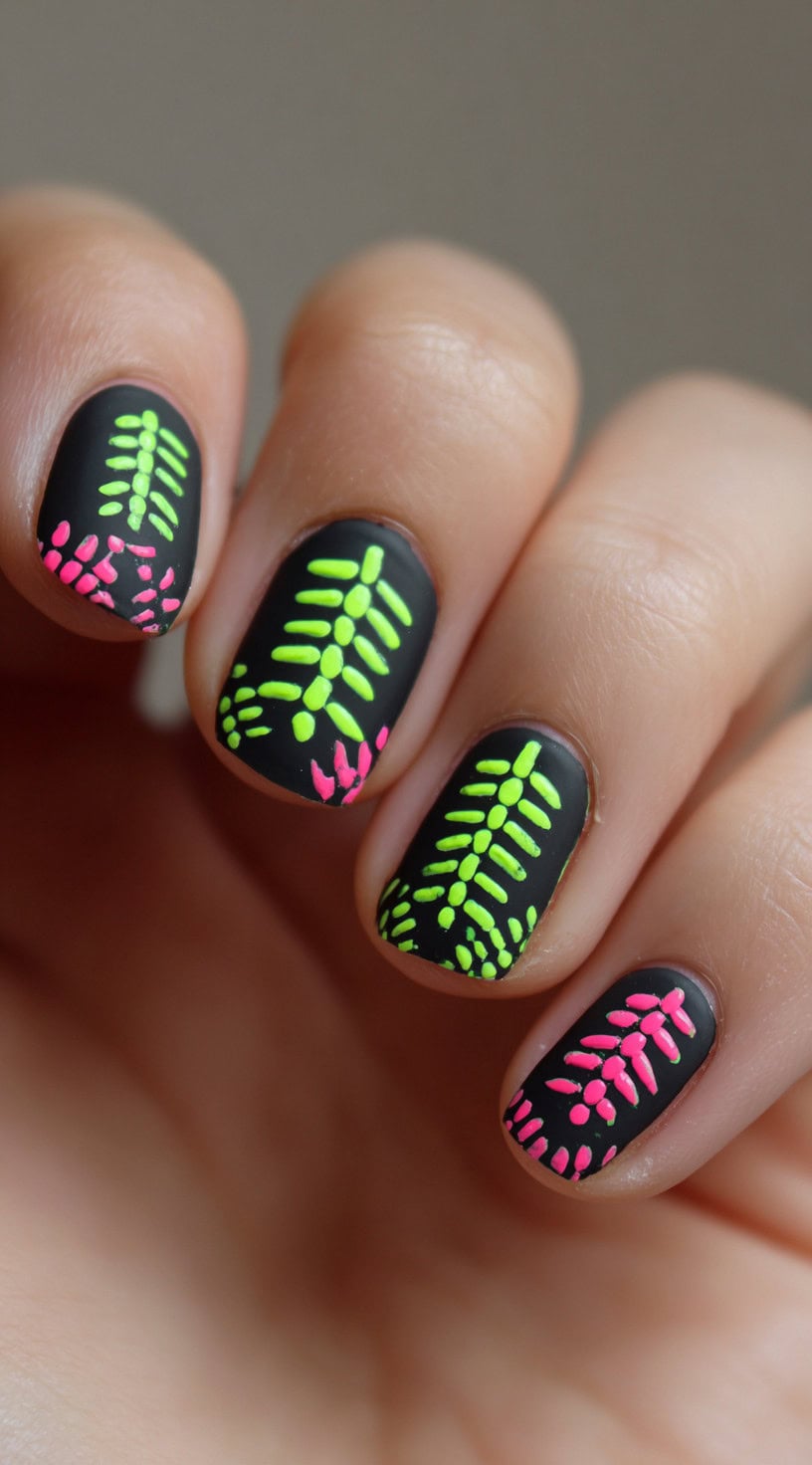 Matte black nails with neon green and pink ribcage-style designs painted diagonally across each nail in a playful layout.
