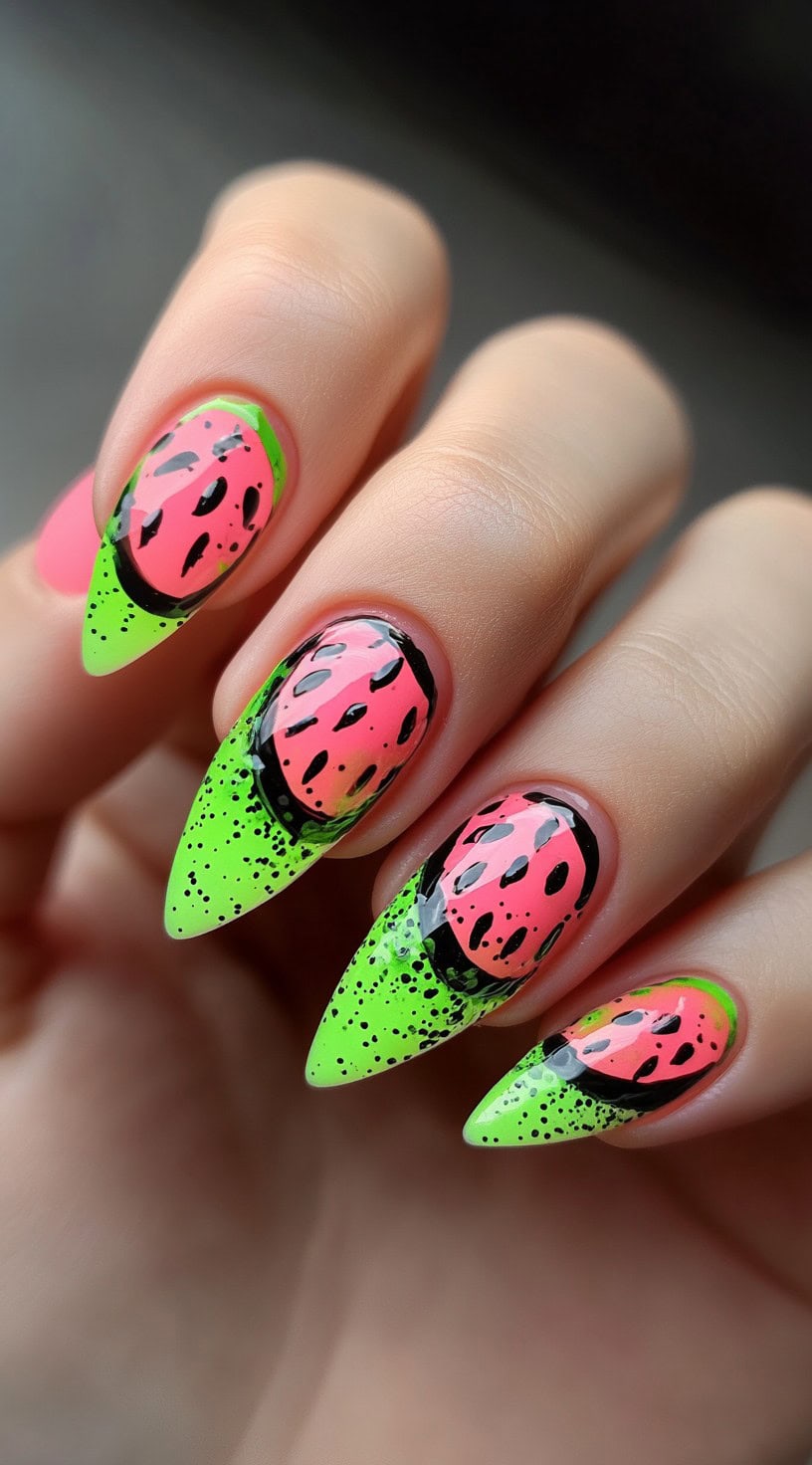 Pointed almond nails with neon green tips and speckled pink watermelon segments outlined in black.