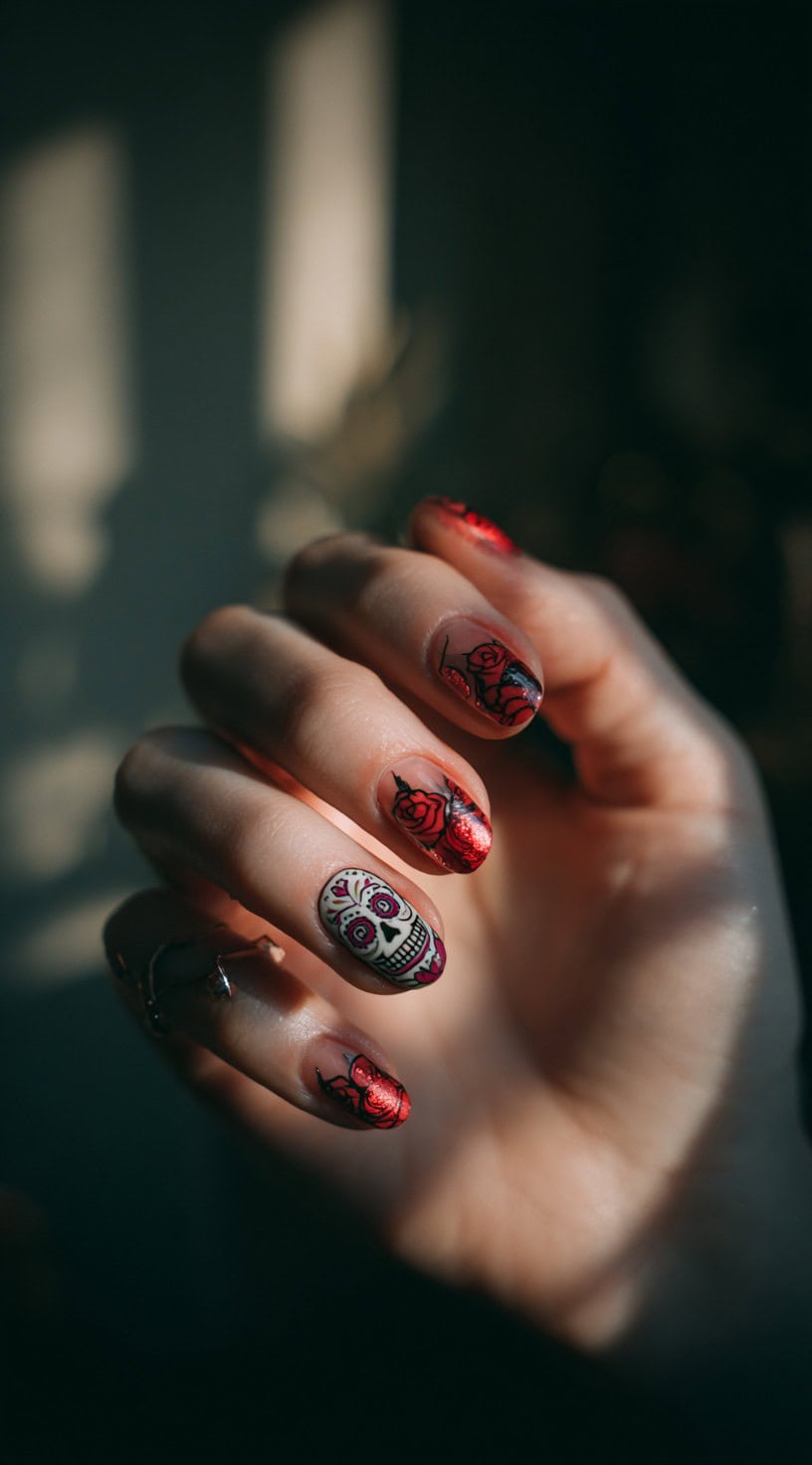 Nails with a nude base featuring metallic red roses on most nails and one accent nail with a bold sugar skull design.